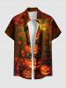 Plus Size Halloween Pumpkin Moon Crow Bowknot Squirrel  Raccoon Print Buttons Pocket Shirt For Men - Orange 5XL