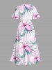 Plus Size Hibiscus Flowers Tropical Leaf Print Split Hawaii Midi Dress -  