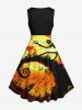 Plus Size Glitter Moon Bat Castle Spiral Tree Skull Print Halloween Vintage Swing A Line Dress -  