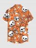 Plus Size Skull Bone Spider Web Star Print Halloween Button Pocket Shirt For Men -  