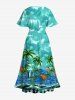 Plus Size Coconut Tree Sea Parrot Ombre Cloud Print Hawaii Split Pocket A Line Midi Dress -  
