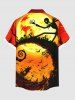 Plus Size Glitter Moon Bat Castle Spiral Tree Skull Print Halloween Buttons Pocket Shirt For Men -  