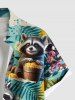 Plus Size Flowers Tropical Leaf Raccoon Print Buttons Pocket Hawaii Shirt For Men -  