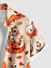 Plus Size Cute Pumpkin Goose Flower Stars Print Halloween Button Pocket Shirt For Men -  