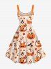 Plus Size Cute Pumpkin Goose Flower Stars Print Halloween A Line Tank Dress -  