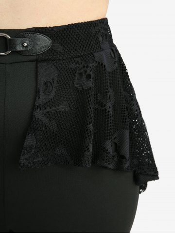 Rose Flower Lace Patchwork Lace-up Top and Skulls Fishnet Overlay Ruffles Skirted Flare Pants Plus Size Outfit