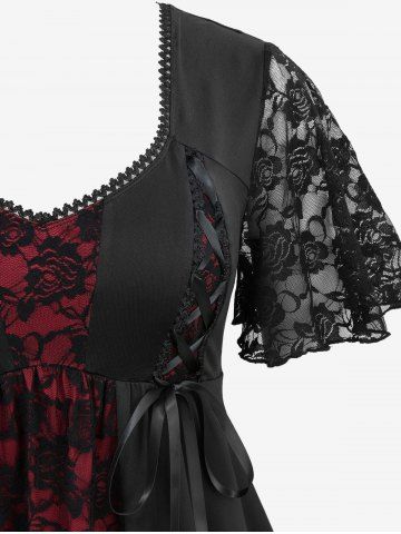 Rose Flower Lace Patchwork Lace-up Top and Skulls Fishnet Overlay Ruffles Skirted Flare Pants Plus Size Outfit