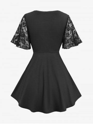 Rose Flower Lace Patchwork Lace-up Top and Skulls Fishnet Overlay Ruffles Skirted Flare Pants Plus Size Outfit