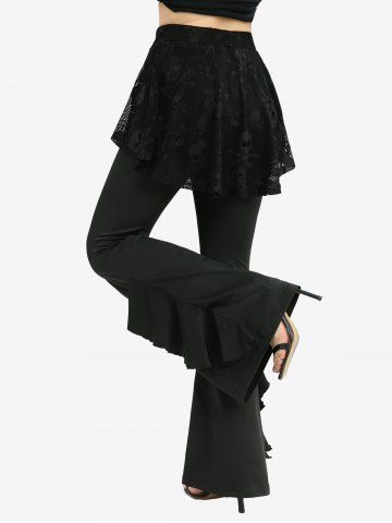 Rose Flower Lace Patchwork Lace-up Top and Skulls Fishnet Overlay Ruffles Skirted Flare Pants Plus Size Outfit