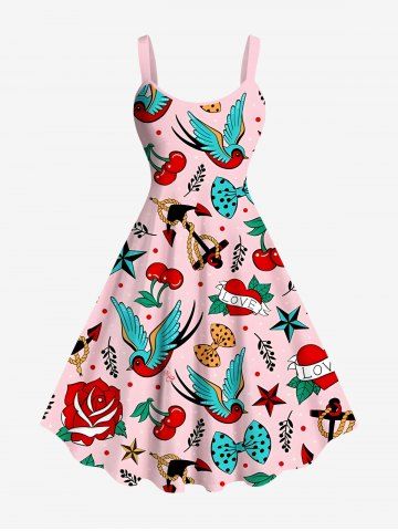 Plus Size Rose Flower Bird Cherry Bowknot Heart Anchor Print Hawaii A Line Tank Dress - LIGHT PINK - 1X