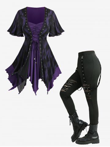 Lace Up Ruched 2 In 1 Top and Skull Hollow Out Fish Net Leggings Plus Size Outfit - PURPLE