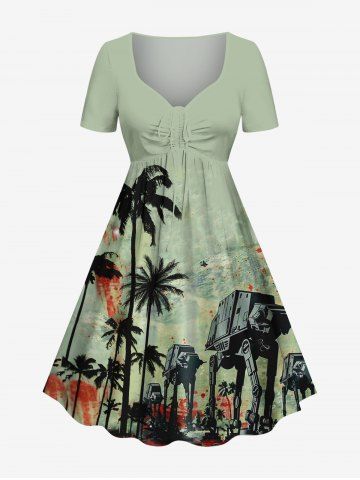 Plus Size Coconut Tree Robot Paint Splatter Print Cinched Hawaii Dress - GREEN - 5X