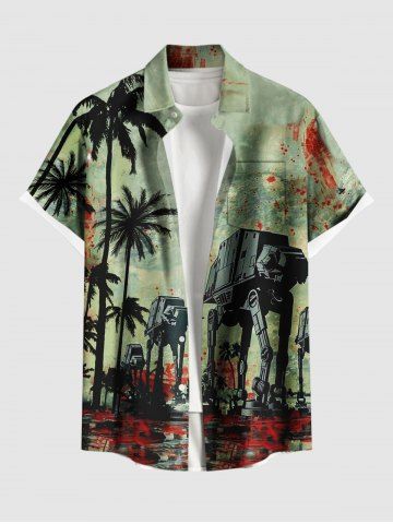 Plus Size Coconut Tree Robot Paint Splatter Print Buttons Pocket Hawaii Shirt For Men - GREEN - M