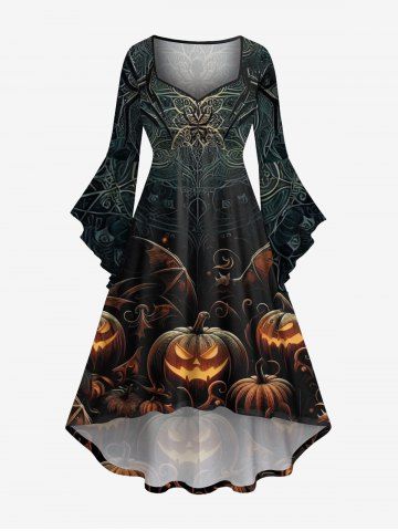 Plus Size Halloween Pumpkin Bat Floral Pattern Print Ruched Flare Sleeves High Low Dress - BLACK - M