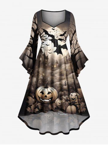 Plus Size Halloween Pumpkin Bat Tree Castle Print Ruched High Low Flare Sleeves Dress - LIGHT BROWN - XS