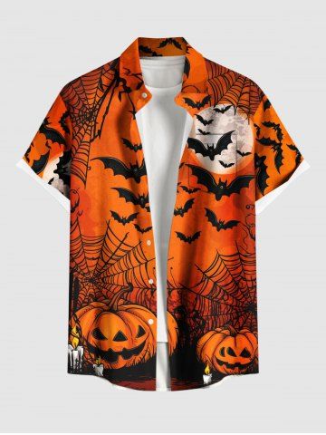 Plus Size Pumpkin Spider Web Bat Moon Print Halloween Button Pocket Shirt For Men - ORANGE - 4XL