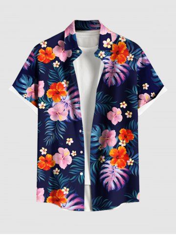 Plus Size Tropical Leaf Hibiscus Flower Print Hawaii Button Pocket Shirt For Men - NAVY BLUE - L