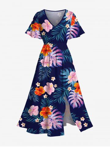 Plus Size Tropical Leaf Hibiscus Flower Print Hawaii Split Pocket A Line Midi Dress - DEEP BLUE - XXS
