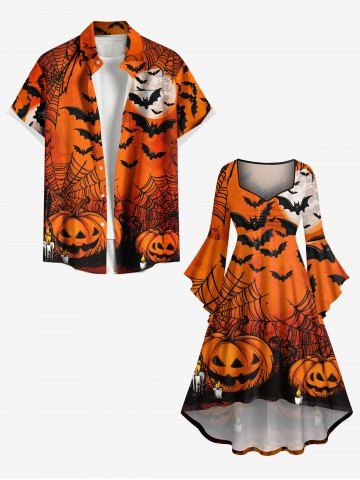 Halloween Pumpkin Spider Web Bat Moon Print Plus Size Matching Outfit For Couples - ORANGE