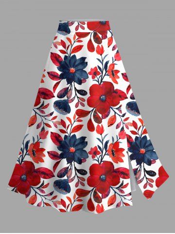 Plus Size Flowers Leaf Print Split Hawaii Skirt - RED - 6X