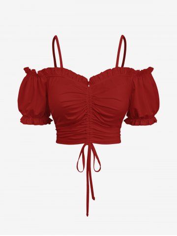 Plus Size Cinched Ruched Ruffles Cold Shoulder Cami Top - RED - 4X