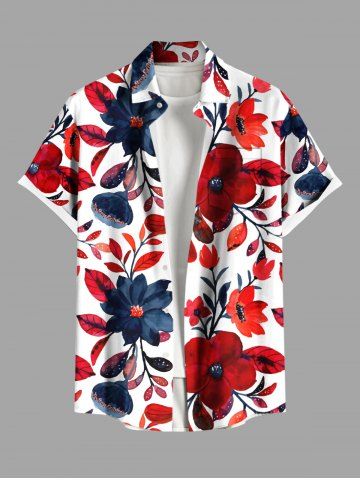 Plus Size Flowers Leaf Print Buttons Pocket Hawaii Shirt For Men - RED - 6XL