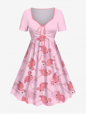 Plus Size Flamingo Coconut Tree Print Cinched Hawaii Dress - LIGHT PINK - XXS
