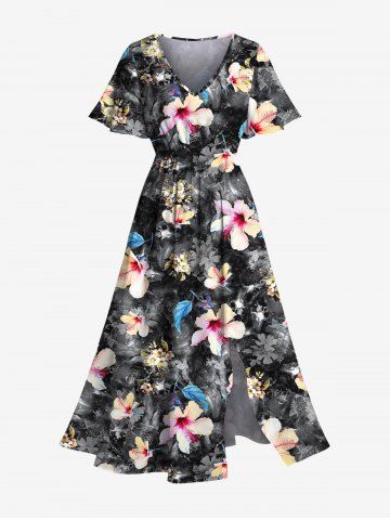 Plus Size Hibiscus Flowers Leaf Print Split Hawaii Midi Dress - BLACK - XXS