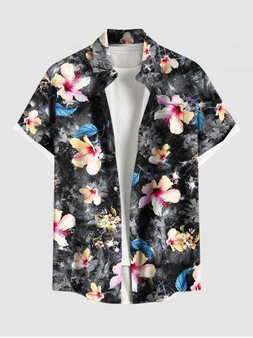 Plus Size Hibiscus Flowers Leaf Print Buttons Pocket Hawaii Shirt For Men - BLACK - 2XL