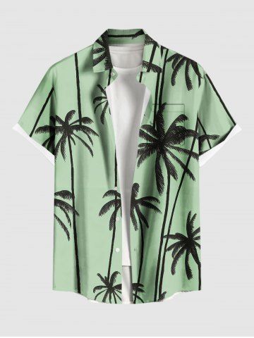Plus Size Coconut Tree Print Buttons Pocket Hawaii Shirt For Men - GREEN - 3XL