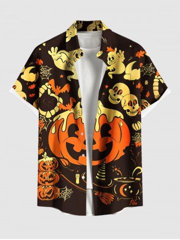 Plus Size Halloween Pumpkin Bat Skull Ghost Print Buttons Pocket Shirt For Men - BLACK - S