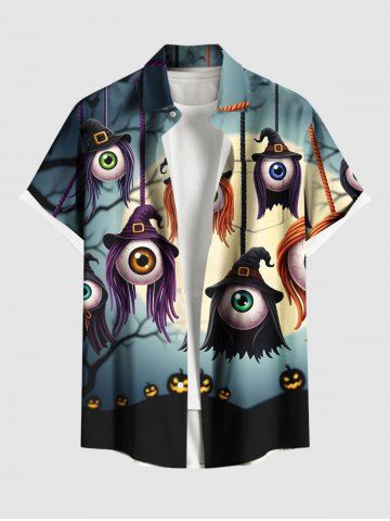 Plus Size Wizard Eye Tree Pumpkin Moon Print Halloween Button Pocket Shirt For Men - BLACK - XL