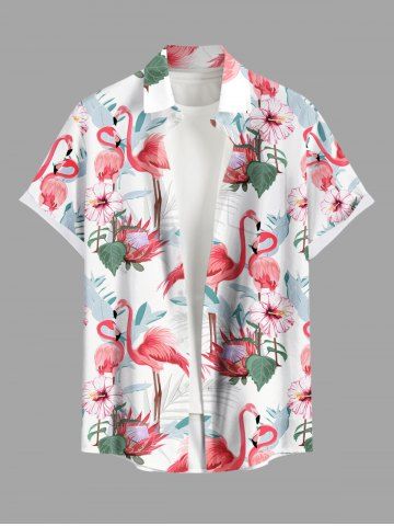 Plus Size Tropical Leaf Hibiscus Flower Flamingo Print Hawaii Button Pocket Shirt For Men - WHITE - 5XL