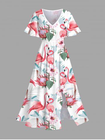 Plus Size Tropical Leaf Hibiscus Flower Flamingo Print Hawaii Split Pocket A Line Midi Dress - WHITE - M