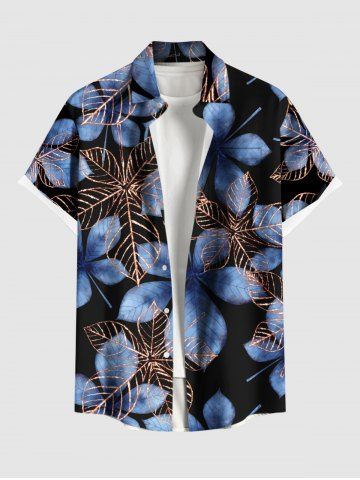 Plus Size Ombre Leaf Print Hawaii Button Pocket Shirt For Men - BLACK - L