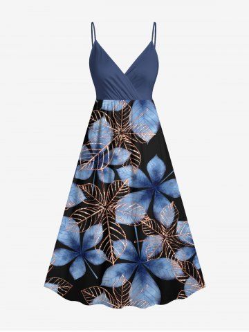 Plus Size Ombre Leaf Print Hawaii Surplice A Line Cami Dress - NAVY BLUE - 4X