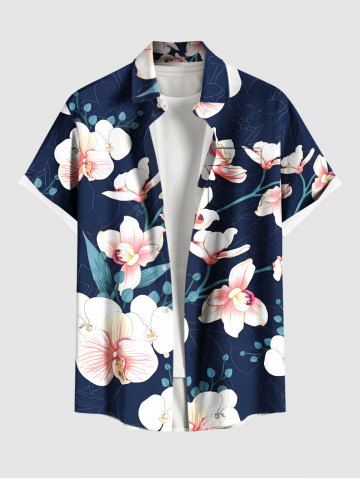 Plus Size Flower Leaf Branch Print Hawaii Button Pocket Shirt For Men - NAVY BLUE - 6XL