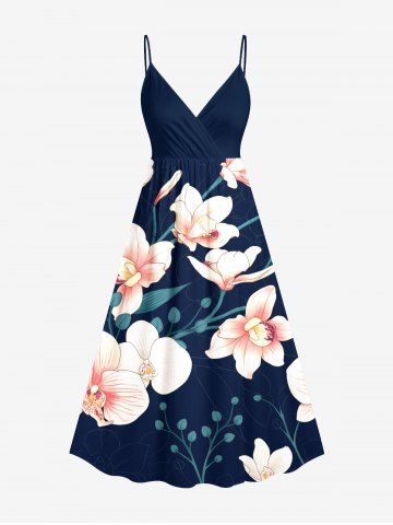 Plus Size Flower Leaf Branch Print Hawaii Surplice A Line Cami Dress - NAVY BLUE - 2X