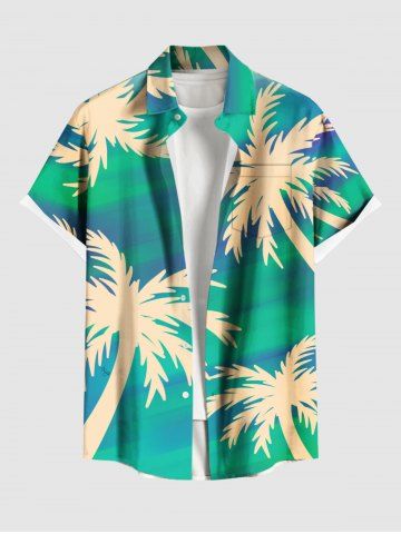 Plus Size Coconut Tree Ombre Print Hawaii Button Pocket Shirt For Men - GREEN - 6XL