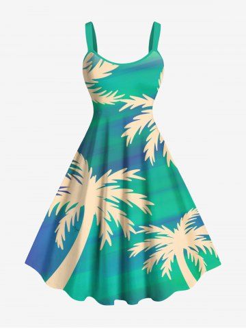 Plus Size Coconut Tree Ombre Print Hawaii A Line Tank Dress - GREEN - 1X