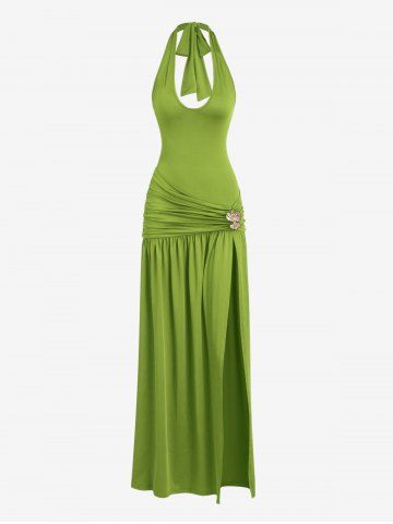 Women's Sexy Slim Fit Ruched Backless Thigh High Slit Floral-shaped Metallic Embellishment Deep U Neck Halter Tied Maxi Pleated Dress - GREEN - S