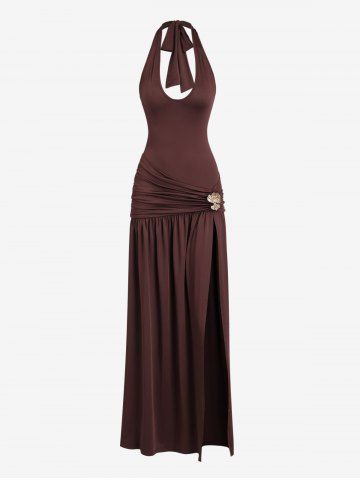 Women's Sexy Slim Fit Ruched Backless Thigh High Slit Floral-shaped Metallic Embellishment Deep U Neck Halter Tied Maxi Pleated Dress - DEEP COFFEE - L