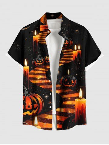 Pumpkin Lantern Candle Stairs Galaxy Print Halloween Button Pocket Shirt For Men - BLACK - L