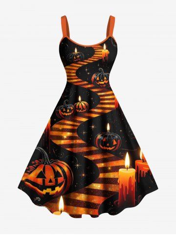 Robe chasuble coupe trapèze imprimé Halloween citrouille, lanterne, bougie, escaliers et galaxie - BLACK - XXS