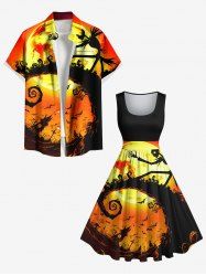 Tenue assortie grande taille pour couples, motif château, chauve-souris, arbre, spirale, crâne, lune, paillettes, Halloween - Noir 