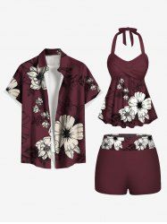 Hibiscus Flower Branch Print Shirt Swimsuit Plus Size Matching Hawaii Beach Outfit For Couples -  