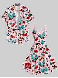 Rose Flower Bird Cherry Bowknot Heart Anchor Print Plus Size Matching Hawaii Beach Outfit For Couples -  