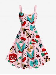Plus Size Rose Flower Bird Cherry Bowknot Heart Anchor Print Hawaii A Line Tank Dress -  