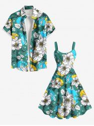 Flowers Leaf Colorblock Print Plus Size Matching Hawaii Beach Outfit For Couples -  