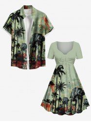 Tenue de plage hawaïenne assortie grande taille à imprimé robot cocotier et éclaboussures de peinture pour couples - Vert 